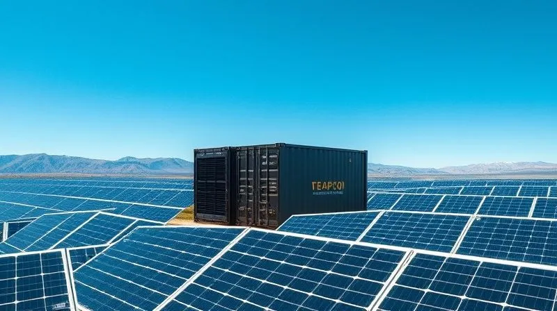 A photorealistic, professional photography of a large-scale cryptocurrency mining farm nestled within a vast solar panel array under a clear blue sky. The mining containers are sleek and modern, integrated seamlessly with the renewable energy source. 8K, cinematic lighting, sharp focus on the integration, depth of field blurring distant mountains, shot on a high-end DSLR, conveying sustainability and technological harmony.