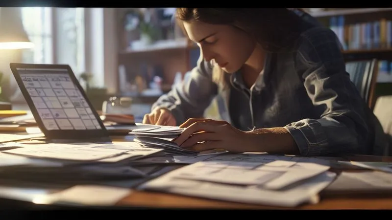 A photorealistic, professional photography, 8K, cinematic lighting, sharp focus, depth of field, shot on a high-end DSLR, depicting a person meticulously organizing a stack of credit card statements and financial documents on a well-lit desk, with a laptop displaying a spreadsheet in the background. The scene conveys a sense of focused determination and clarity in managing finances. Emotionally resonant with taking control.