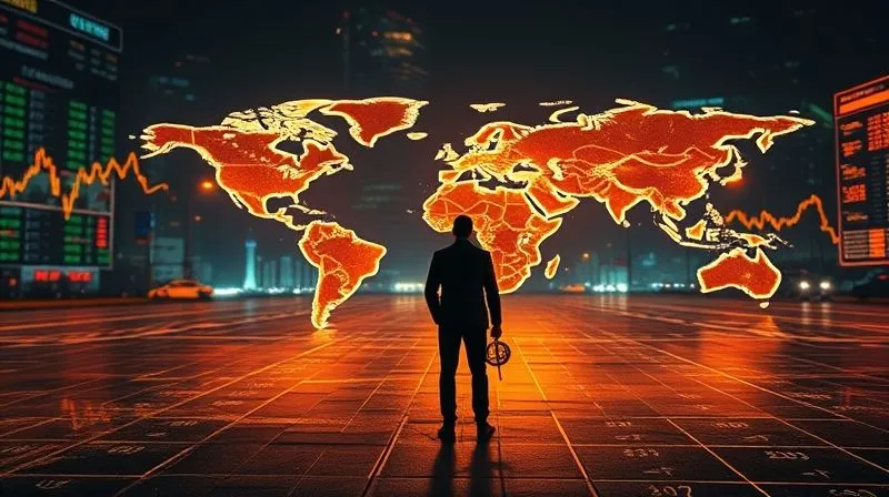 A photorealistic, professional photography, 8K, cinematic lighting, sharp focus, depth of field, shot on a high-end DSLR image of a lone figure standing at a crossroads of global financial markets, represented by glowing holographic world maps and stock tickers, with a compass in hand, contemplating the fluctuating economic landscape. The mood is thoughtful and strategic, conveying the challenge and opportunity of timing market entry during global economic cycles.