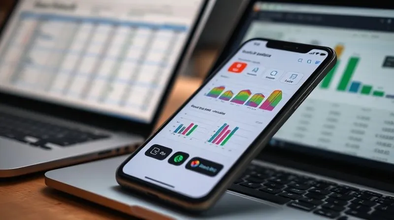 A photorealistic close-up of a smartphone screen displaying a sophisticated budgeting app dashboard with colorful graphs and charts representing diverse income streams, alongside a laptop showing a spreadsheet, cinematic lighting, sharp focus on the phone screen, depth of field blurring the background, 8K hyper-detailed, professional photography, shot on a high-end DSLR