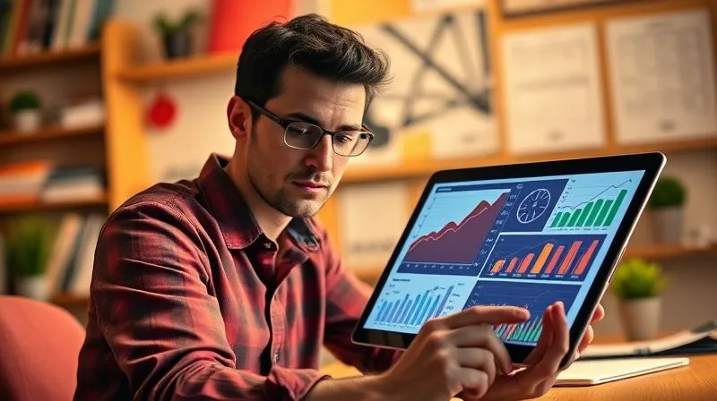 A photorealistic image of a person looking confidently at a tablet displaying complex financial charts and growth projections, with a vibrant, organized desk background representing a flourishing freelance business, cinematic lighting, sharp focus on the tablet and person's face, depth of field blurring the background, 8K hyper-detailed, professional photography, shot on a high-end DSLR