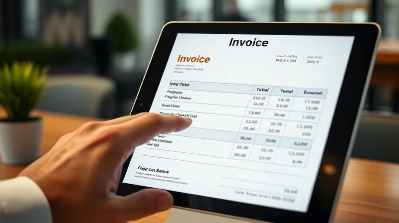 A photorealistic professional photography image showing a meticulously designed, clean, and professional client invoice on a digital tablet. The invoice clearly displays itemized project expenses, dates, descriptions, and amounts, with a total at the bottom. The screen is sharp and bright, with a hand pointing to a specific expense line, emphasizing transparency. Cinematic lighting, sharp focus, depth of field blurring a subtle office background. 8K hyper-detailed, shot on a high-end DSLR.