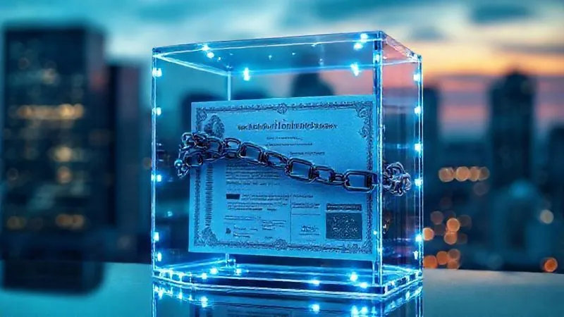 Photorealistic, professional photography, 8K, cinematic lighting, sharp focus, depth of field, shot on a high-end DSLR. A stylized, transparent cube encasing a stock certificate, with multiple glowing, intricate digital security layers and chains visibly wrapped around it, representing restrictions and vesting. The background is a blurred, modern financial cityscape at dusk, evoking complexity and control.