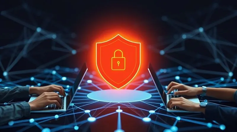 photorealistic, professional photography, 8K, cinematic lighting, sharp focus, depth of field, shot on a high-end DSLR. A stylized, glowing shield icon overlaid onto a network of interconnected digital lines, representing secure remote work. Around the shield, diverse hands (symbolizing a remote team) are working on laptops and tablets, with a subtle aura of security. The background is a clean, modern digital interface, emphasizing protection and connectivity.