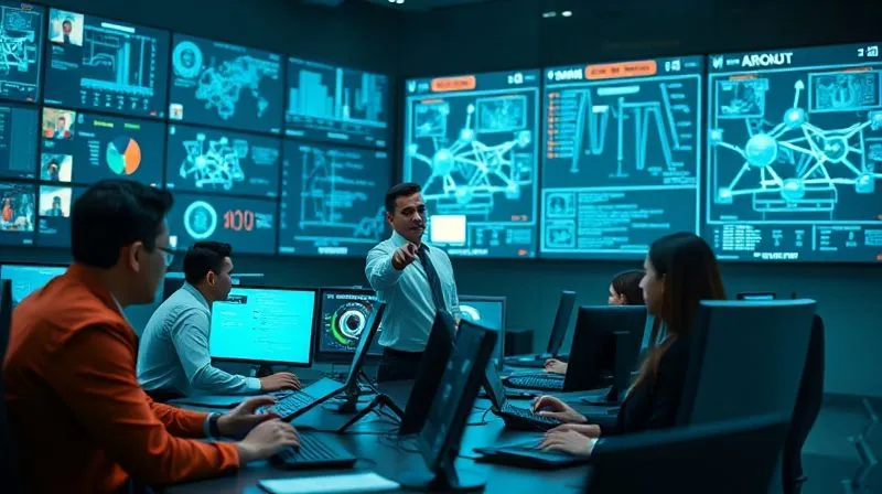 photorealistic, professional photography, 8K, cinematic lighting, sharp focus, depth of field, shot on a high-end DSLR. A diverse group of professionals (some visible on video calls, others typing intensely) in a high-tech command center, intensely focused on multiple glowing screens displaying network diagrams and data alerts. A central figure points decisively at a large screen, indicating a rapid, coordinated response to a cyber threat. The atmosphere is tense but controlled, conveying expertise and urgency.