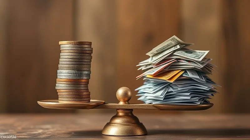 A photorealistic image of a single, well-organized stack of coins and bills on one side of a scale, balancing out a chaotic, overflowing pile of credit cards and debt statements on the other. Emphasizing order and relief, 8K, cinematic lighting, sharp focus, depth of field, shot on a high-end DSLR, professional photography.