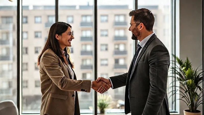 photorealistic, professional photography, 8K, cinematic lighting, sharp focus, depth of field, shot on a high-end DSLR, a happy and diverse couple, Alex and Maria, shaking hands with a professional loan officer in a modern, sunlit office, a multi-unit apartment building visible through the large window, symbolizing successful real estate investment.