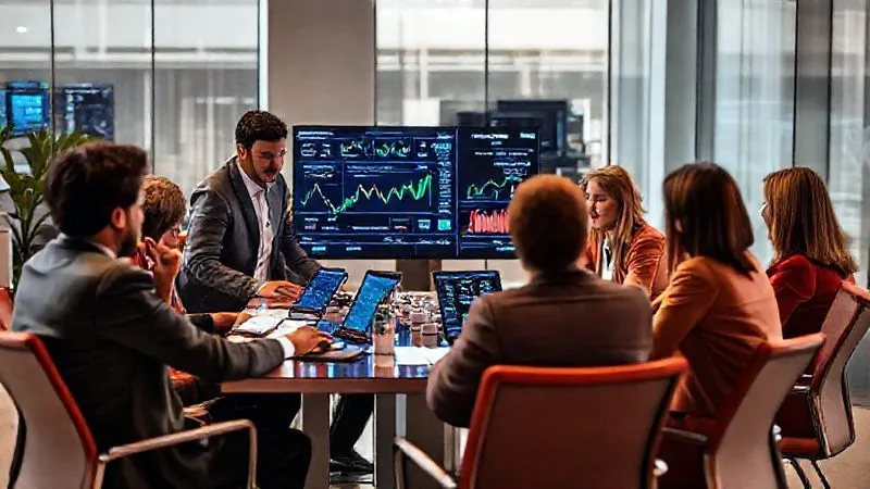 A diverse group of business professionals in a modern office collaborating around a table, with digital screens showing various financial charts and options, symbolizing strategic financial planning, photorealistic, professional photography, 8K, cinematic lighting, sharp focus, depth of field, shot on a high-end DSLR.