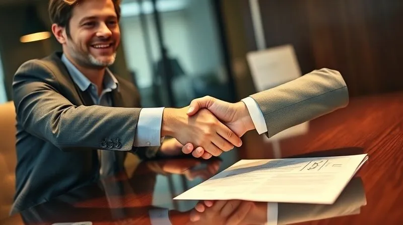 A photorealistic image of a professional, smiling confidently while shaking hands with a loan officer across a polished desk, a signed loan document subtly visible, representing successful loan approval and professional achievement, warm cinematic lighting.