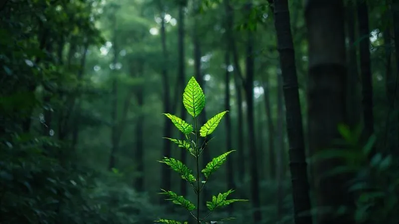Photorealistic, professional photography, 8K, cinematic lighting, sharp focus, depth of field, shot on a high-end DSLR, a dense forest with a single, brightly lit, artificial green leaf standing out unnaturally, symbolizing greenwashing amidst genuine nature.