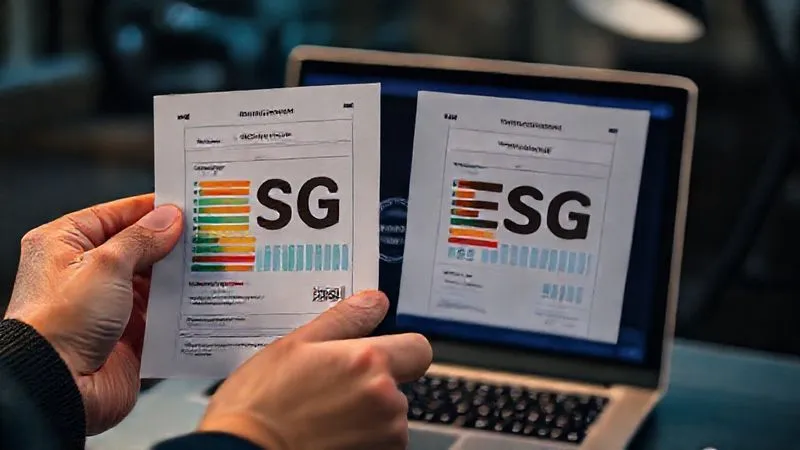 Photorealistic, professional photography, 8K, cinematic lighting, sharp focus, depth of field, shot on a high-end DSLR, a hand meticulously comparing two complex ESG rating reports side-by-side, with a laptop displaying a third-party certification badge in the background.