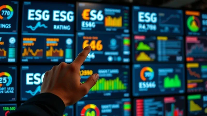 A photorealistic image of multiple digital screens displaying various ESG rating logos and data points, with a discerning investor's hand pointing at a specific metric. Professional photography, 8K, cinematic lighting, sharp focus.