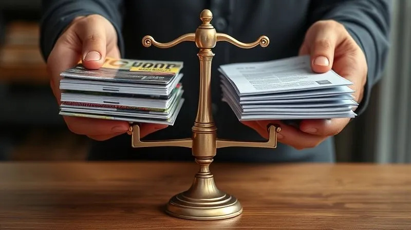 A photorealistic image of a person's hands delicately balancing a scale, with one side holding a stack of glossy marketing brochures and the other a stack of detailed financial reports. The lighting is balanced, reflecting the need for careful scrutiny. 8K, shot on a high-end DSLR.