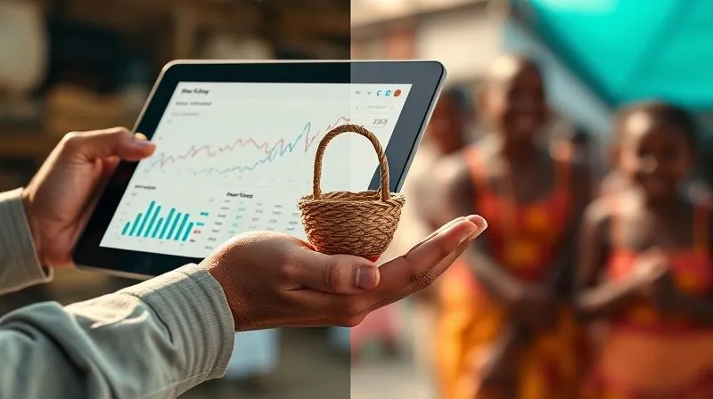 Photorealistic, professional photography, 8K, cinematic lighting, sharp focus, depth of field, shot on a high-end DSLR. A split image: on one side, a hand holds a tablet displaying complex financial graphs and data; on the other side, the same hand gently holds a small, intricately woven artisanal basket, with a blurred background of a thriving, happy community. The lighting highlights the contrast and connection between data and human impact.