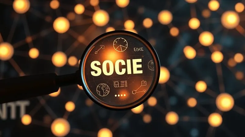 A photorealistic, professional photography image depicting a complex, interconnected web of social issues like human rights, fair labor, community development, and equitable access, each represented by glowing nodes. A magnifying glass is zooming in on one node, showing detailed metrics. Cinematic lighting, sharp focus on the magnified area, depth of field blurring the broader web, 8K hyper-detailed, shot on a high-end DSLR. The image evokes meticulous analysis of interconnected social challenges.