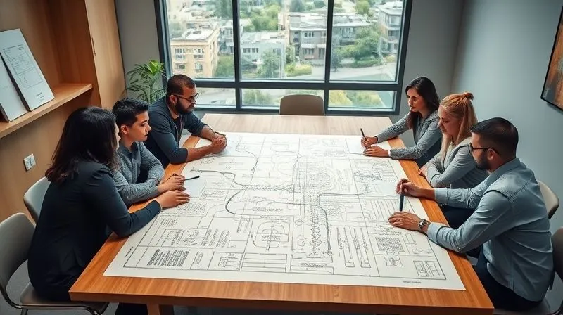Photorealistic, professional photography, 8K, cinematic lighting, sharp focus, depth of field, shot on a high-end DSLR, a diverse team of professionals collaborating around a large table, with a blueprint overlay of sustainable energy solutions and community development projects, symbolizing qualitative assessment and long-term vision for SDG impact.