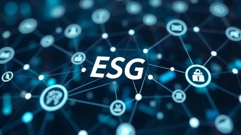 A photorealistic, futuristic interface displaying interconnected data nodes and blockchain symbols, overlaid with environmental and social icons, representing advanced ESG data verification, professional photography, 8K, cinematic lighting, sharp focus, depth of field, shot on a high-end DSLR.