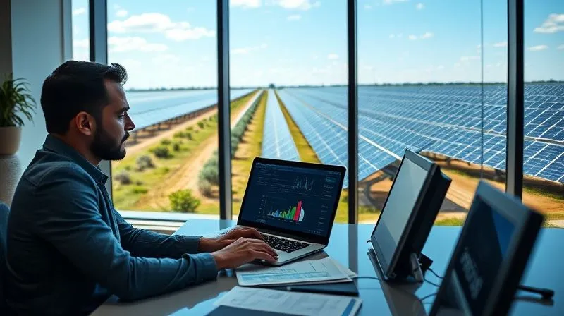 A photorealistic image of a professional auditor in a modern office, meticulously reviewing digital documents and data on a laptop, with a large window in the background showcasing a sprawling solar farm under a clear sky. Cinematic lighting, sharp focus on the auditor and screen, depth of field blurring the solar farm. Professional photography, 8K, shot on a high-end DSLR, conveying rigorous verification.
