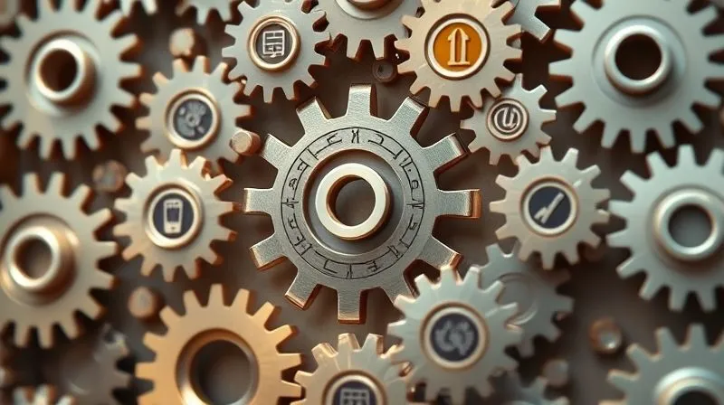 A photorealistic image of 17 interconnected gears, each gear subtly representing one of the UN Sustainable Development Goals (SDGs) with its distinct icon and color. The gears are turning smoothly, symbolizing the interconnectedness and collaborative effort required to achieve the goals. Cinematic lighting, sharp focus on the central gears, with a shallow depth of field blurring the background slightly. Professional photography, 8K, shot on a high-end DSLR.