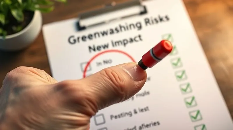 A photorealistic, professional photography, 8K, cinematic lighting, sharp focus, depth of field shot on a high-end DSLR of a hand holding a red marker, circling a 'No' on a checklist labeled 'Greenwashing Risks'. In the background, other items on the checklist have green checkmarks. The image conveys a sense of careful scrutiny and identifying genuine impact versus misleading claims.