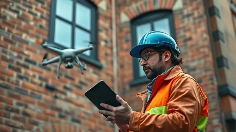 photorealistic, professional photography, 8K, cinematic lighting, sharp focus, depth of field, shot on a high-end DSLR, an expert architect or surveyor examining the intricate details of a historic brick facade with a tablet, possibly using a drone in the background, conveying a sense of meticulous risk assessment and modern technology applied to old structures.