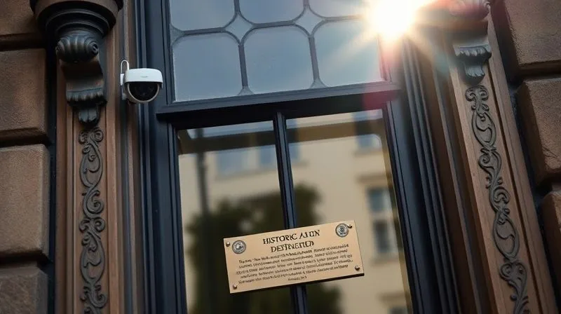 photorealistic, professional photography, 8K, cinematic lighting, sharp focus, depth of field, shot on a high-end DSLR, a detailed close-up of a historic building's ornate window frame, with a subtle, modern security sensor visible, sunlight glinting off a plaque indicating historic designation, blending old and new.