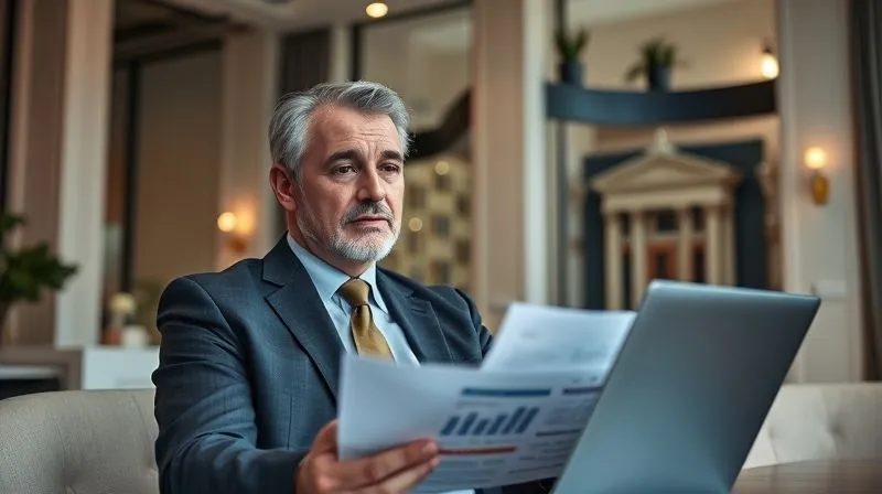 photorealistic, professional photography, 8K, cinematic lighting, sharp focus, depth of field, shot on a high-end DSLR, a professional insurance broker in a modern, elegant office, reviewing documents related to a historic building, with a thoughtful expression, a laptop displaying risk assessment data, conveying expertise and trust.