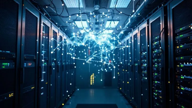 A photorealistic, professional photography, 8K, cinematic lighting, sharp focus, depth of field, shot on a high-end DSLR, showing a complex, glowing digital network overlaying a dimly lit, traditional server room. The digital network represents modern APIs and microservices, while the server room symbolizes legacy core banking. The image should convey a bridge between old and new technology.