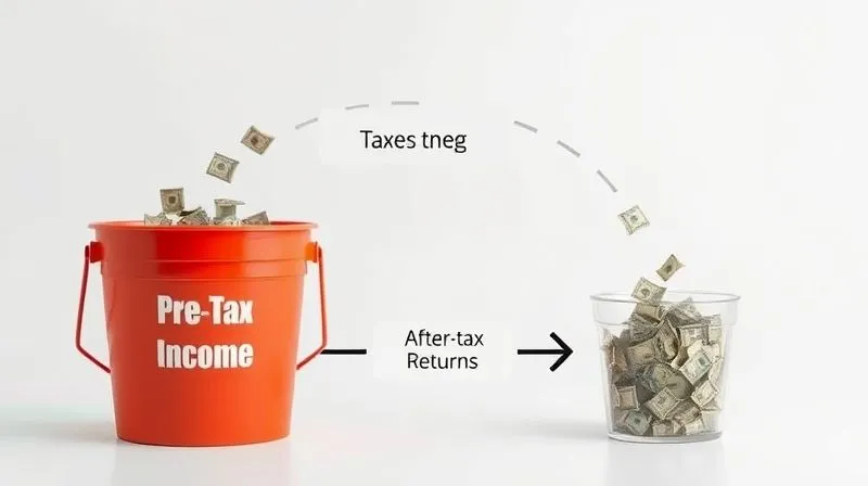 A photorealistic image depicting a clear diagram or infographic of three distinct money streams, one labeled 'Pre-Tax Income' flowing into a large, full bucket, another labeled 'Taxes' diverting a significant portion into a smaller, separate bucket, and the remaining stream labeled 'After-Tax Returns' flowing into a smaller, partially filled bucket, illustrating the concept of tax drag. The scene is clean, professional, with soft, analytical lighting, 8K hyper-detailed.