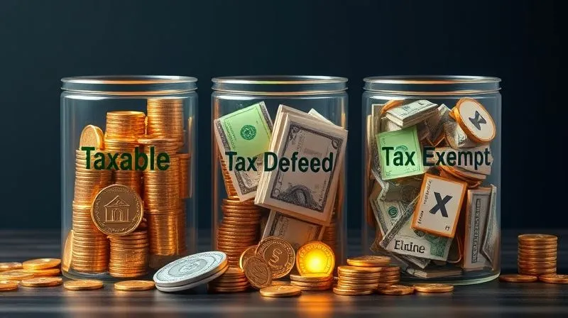 A photorealistic image of a diverse portfolio of financial assets, represented by various symbolic items (e.g., gold coins for growth, stacks of cash for income, property deeds for real estate, bonds for fixed income), being sorted into three distinct, transparent containers labeled 'Taxable', 'Tax-Deferred', and 'Tax-Exempt', each with a different colored glow, indicating their tax treatment. The scene is well-lit, organized, and conveys a sense of careful strategy, 8K hyper-detailed.