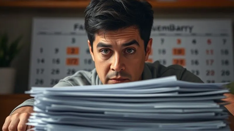 A photorealistic image of a parent looking overwhelmed by a stack of paperwork, with a calendar marked with missed deadlines in the background, conveying stress and urgency, soft, dramatic lighting, 8K, cinematic.
