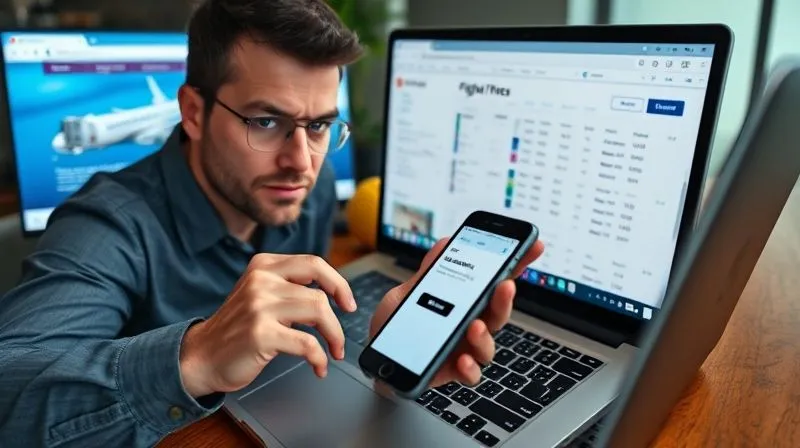 A professional with a determined expression, quickly comparing flight prices across multiple browser tabs on a laptop, with a smartphone displaying a price alert notification, symbolizing urgent and smart booking strategies. Photorealistic, professional photography, 8K, cinematic lighting, sharp focus on the screens and the person's hands, depth of field, shot on a high-end DSLR.