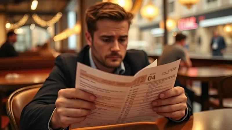 A person looking slightly stressed or confused, holding a complex-looking receipt or bill with foreign currency symbols, sitting at a cafe table in an international city, with blurred background, photorealistic, professional photography, 8K, cinematic lighting, sharp focus, depth of field, shot on a high-end DSLR