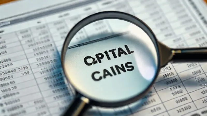 A photorealistic image of a complex financial ledger with numbers and charts, overlaid with a magnifying glass highlighting the capital gains section. Professional photography, 8K, cinematic lighting, sharp focus, depth of field, shot on a high-end DSLR.