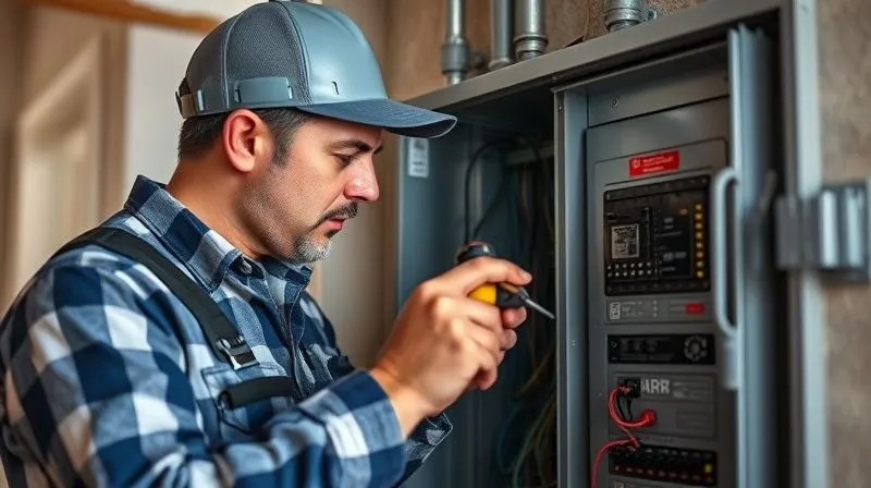 A photorealistic image of a certified home inspector meticulously examining a home's electrical panel with specialized tools, professional photography, 8K, cinematic lighting, sharp focus on the panel and tools, depth of field blurring the background, shot on a high-end DSLR.