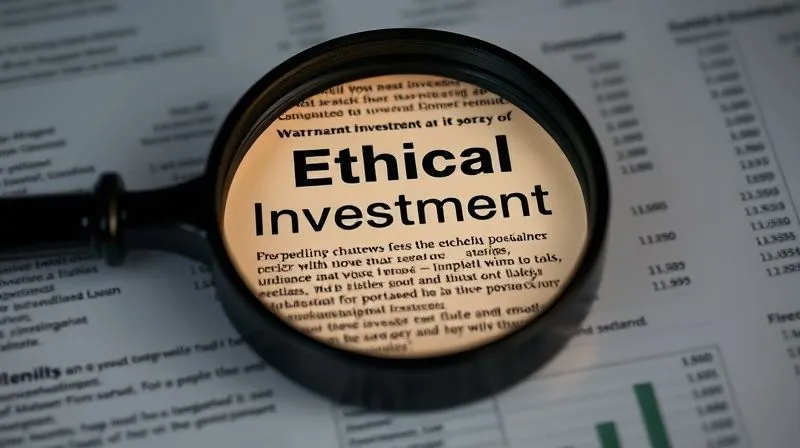 A photorealistic close-up of a magnifying glass over a dense financial document, with key ethical investment criteria highlighted, cinematic lighting, sharp focus on the magnified text, depth of field blurring the background, 8K hyper-detailed, professional photography, shot on a high-end DSLR.