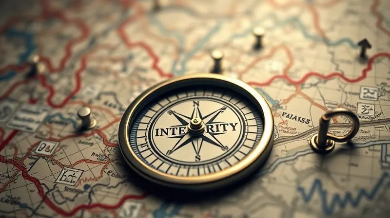 A photorealistic image of a compass pointing to 'Integrity' on a map of complex investment pathways, surrounded by blurred financial graphs, symbolizing guidance in navigating ethical investments, cinematic lighting, sharp focus on the compass, depth of field blurring the background, 8K hyper-detailed, professional photography, shot on a high-end DSLR.