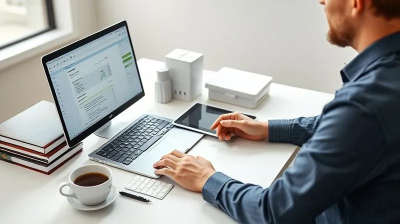A professional working at a clean, modern desk, surrounded by a laptop displaying accounting software, a tablet, and a few neatly stacked physical folders. The person is focused on the screen, possibly inputting data, with a cup of coffee nearby. The overall impression is one of organized efficiency and digital financial management. photorealistic, professional photography, 8K, cinematic lighting, sharp focus, depth of field, shot on a high-end DSLR.