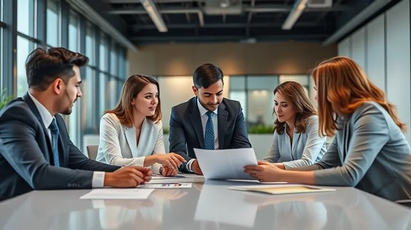 A diverse team of professionals (a lawyer, an accountant, and a financial advisor) in a modern office setting, gathered around a large table, collaborating and discussing documents. They are dressed in business attire, actively engaged in conversation, and pointing to charts or reports. The atmosphere is one of focused teamwork and strategic planning. photorealistic, professional photography, 8K, cinematic lighting, sharp focus on the team, depth of field blurring the background, shot on a high-end DSLR.