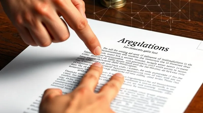 A photorealistic image of a complex legal document with intricate AI neural network symbols subtly overlaid, representing the intersection of law and artificial intelligence. A focused hand points to a specific clause, symbolizing careful navigation of regulations. Professional photography, 8K, cinematic lighting, sharp focus on the document and hand, depth of field blurring the background, shot on a high-end DSLR.