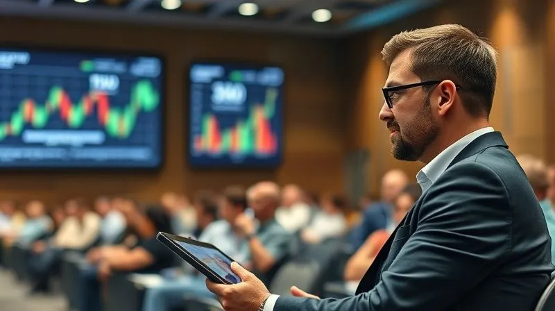 Photorealistic image of a financial advisor attending a professional development seminar, looking engaged and taking notes on a tablet, with a blurred screen displaying financial charts. Professional photography, 8K, cinematic lighting, sharp focus on the advisor, depth of field. Hyper-detailed.