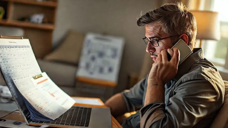 photorealistic, professional photography, 8K, cinematic lighting, sharp focus, depth of field, shot on a high-end DSLR, a person on the phone, looking slightly stressed but determined, with a laptop open showing a budget spreadsheet and medical bills scattered around, a calendar with payment deadlines marked, warm, encouraging lighting indicating progress.