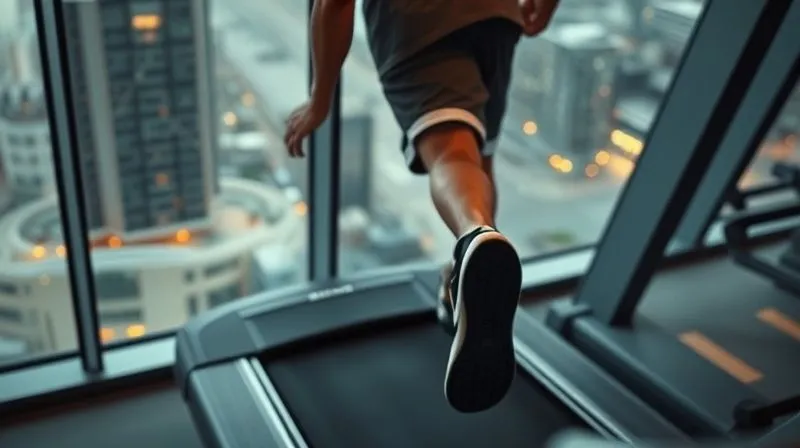 A photorealistic image depicting a person on a treadmill, running faster and faster, but the background scenery (representing their financial progress) remains static, illustrating the concept of lifestyle creep. The runner wears expensive gear, suggesting high income, but their expression is one of frustration. Cinematic lighting, sharp focus on the runner, depth of field, 8K hyper-detailed, professional photography, shot on a high-end DSLR.