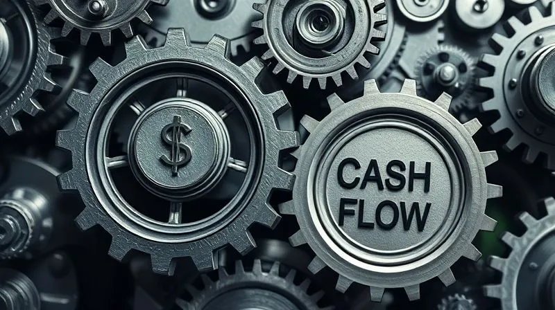 A complex, interconnected gears mechanism, with one gear labeled 'Sales' turning rapidly, but another gear labeled 'Cash Flow' is barely moving, illustrating a disconnect in the system, photorealistic, professional photography, 8K, cinematic lighting, sharp focus, depth of field, shot on a high-end DSLR, conceptual art.