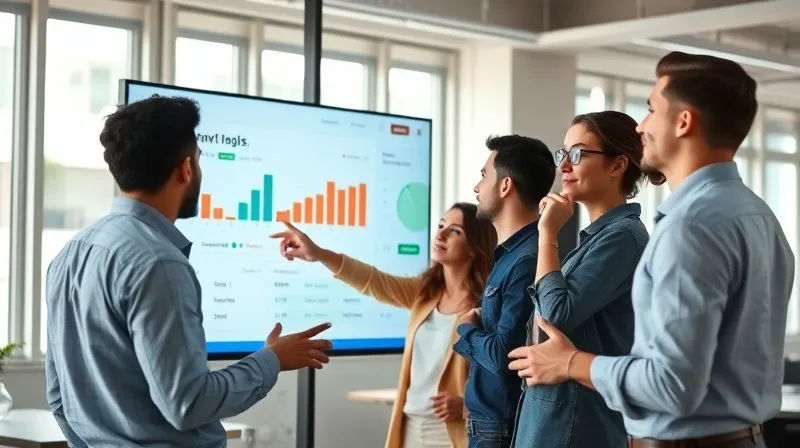 A photorealistic image of a diverse startup team collaboratively reviewing a financial dashboard on a large screen in a modern, well-lit office. One team member points at a specific data point, while others nod in agreement, symbolizing shared understanding and iterative refinement. Cinematic lighting, sharp focus on the team and screen, depth of field, 8K hyper-detailed, professional photography.