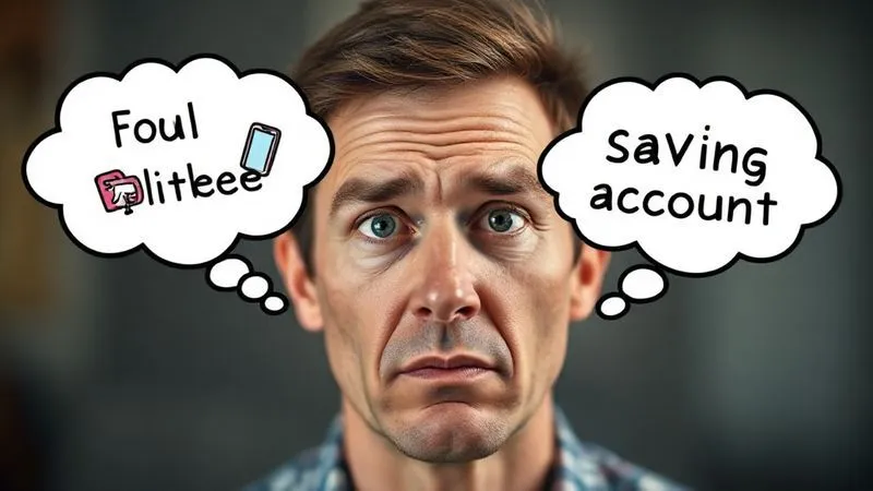 A photorealistic image depicting a person mentally battling between two thought bubbles: one showing a fun, impulsive purchase (e.g., new gadget) and the other showing a sensible, long-term financial goal (e.g., savings account). The person's expression shows internal conflict, with subtle visual cues of struggle. Professional photography, 8K, cinematic lighting, sharp focus on the person's face, depth of field blurring the background elements.