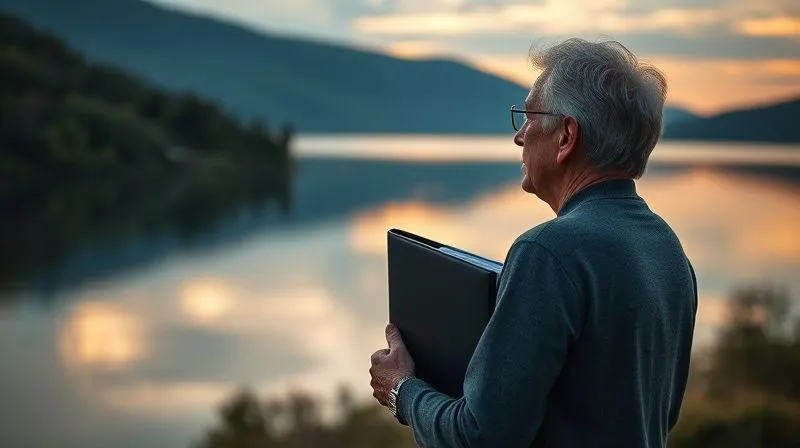 photorealistic, professional photography, 8K, cinematic lighting, sharp focus, depth of field, shot on a high-end DSLR, a calm, thoughtful person in their 50s looking out over a serene lake at sunrise, holding a financial planning binder, symbolizing foresight and early planning for long-term security.