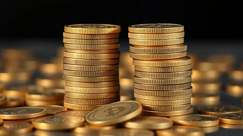 A photorealistic image of a stack of coins being divided unevenly, with a larger portion going into one pile, representing liquidation preference in a startup exit. Cinematic lighting, sharp focus on the coins, depth of field blurring the background, 8K hyper-detailed, professional photography, shot on a high-end DSLR.