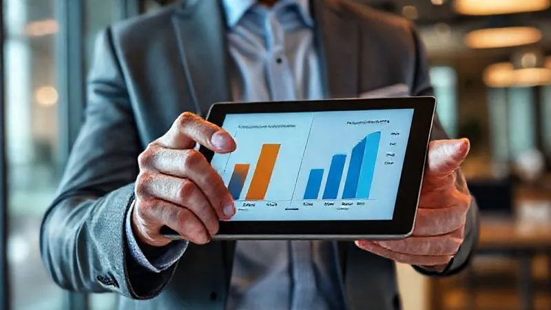 A photorealistic image of a financial advisor pointing to a digital tablet displaying two contrasting bar charts: one showing pre-tax growth with future tax deductions, the other showing tax-free growth with no future taxes. The advisor is in a modern office, cinematic lighting, sharp focus on the tablet and advisor's hand, depth of field, 8K hyper-detailed, professional photography, shot on a high-end DSLR.