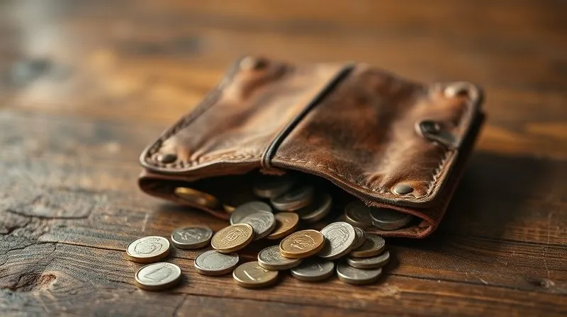 A photorealistic image of an old, tattered leather wallet with a few coins spilling out onto a wooden table, symbolizing the erosion of purchasing power, cinematic lighting, sharp focus on the coins, depth of field blurring the background, 8K hyper-detailed, professional photography.